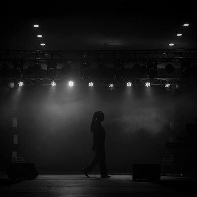 Silhouetted figure moving gracefully against a dark background